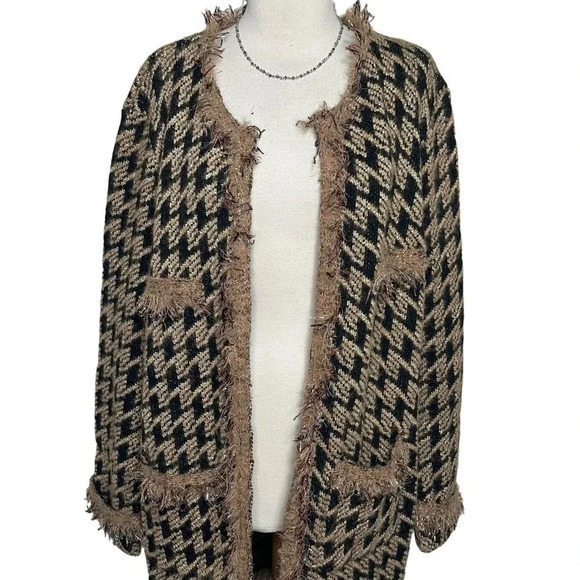 Davi + Dani 2X trendy black tan gold long fringe trim long sweater coat - Picture 6 of 11